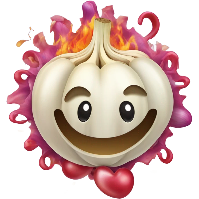 A clove of garlic and an onion kissing with an explosion of smell with some heart emoji