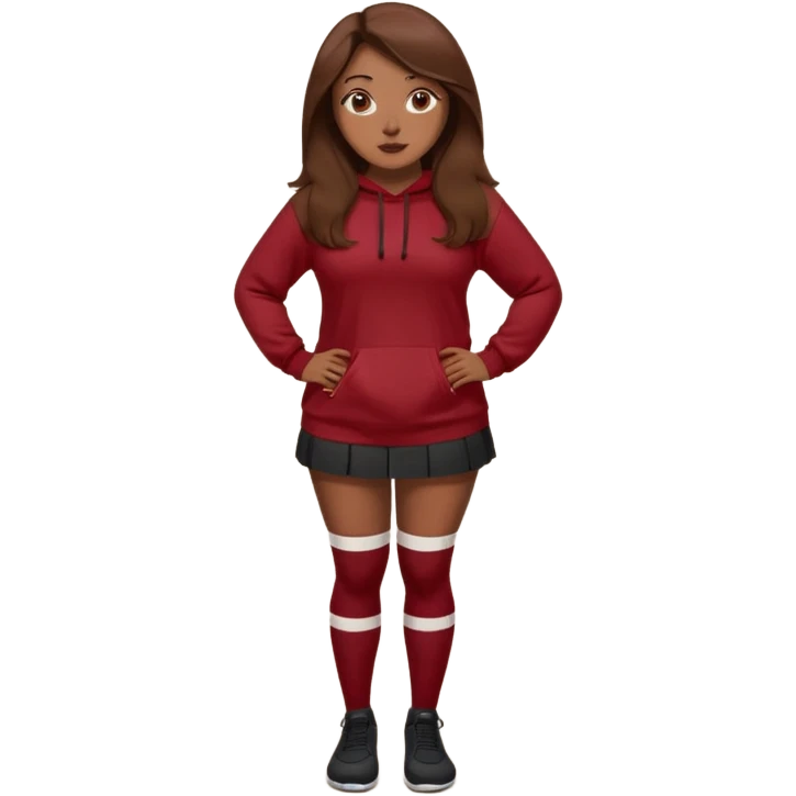Curvy pretty brown girl with long brown hair, wearing a dark deep red sweatshirt with tall black socks emoji