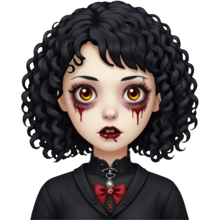 Faça uma mulher zumbi com o cabelo cacheado médio, e uma franja cacheada, cabelo preto e deixe ela meio gótica. emoji