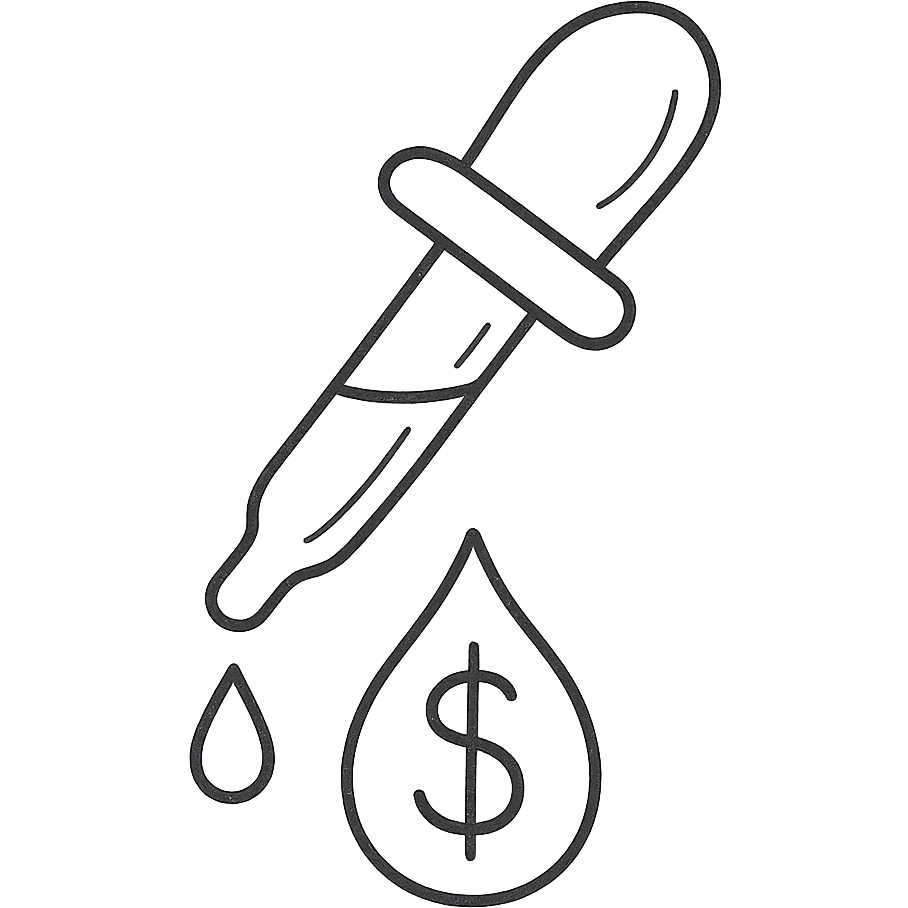 hand-drawn outlined pipette with a golden drop, dollar sign inside the drop emoji