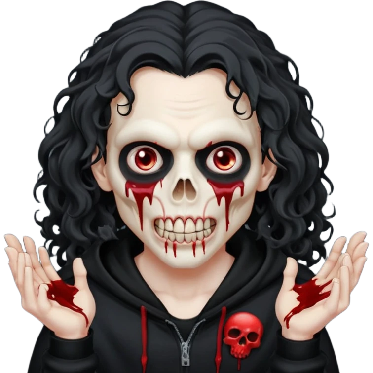 Vampire wearing a black hoodie with a skull logo on it, long curly hair that covers the forehead, fanged teeth and blood on hands emoji