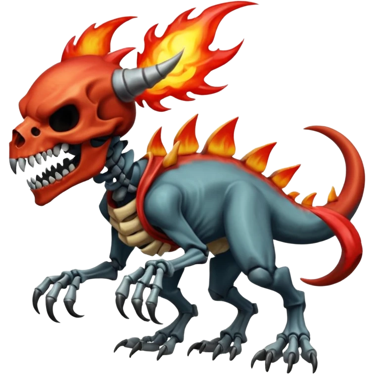 Oily smooth glossy evil sharp edgy badass skeletal fiery skull-face skull-masked skull-headed l Charmeleon-Zeraora-Salandit-fusion, full body emoji