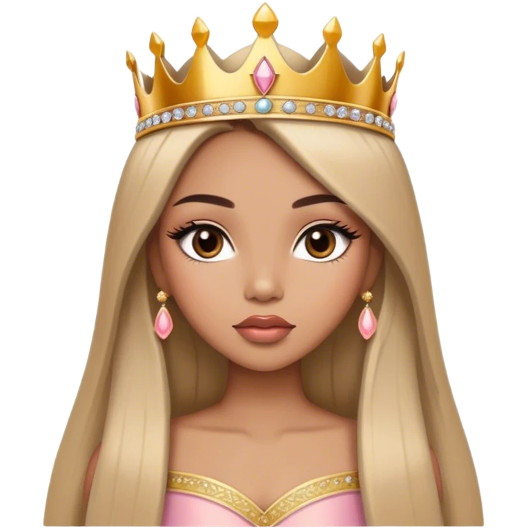 Glamourous princess, light brown skin tone, very beautiful girl, with big plump peach-beige lips, long long lashes, black straight smooth silky long hair, straight parting hair, brown eyes, gold tiara emoji