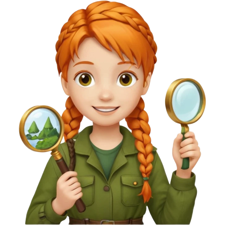 braid orange haired girl kid in moss green explorer outfit, holding magnifying glass, smile emoji
