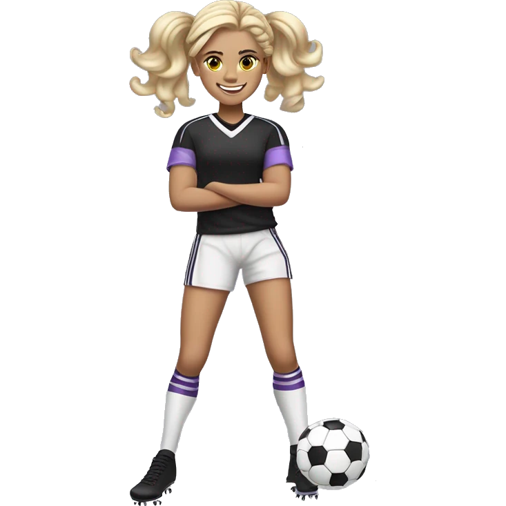 12 YEAR OLD GIRL, FOOTBALL PLAYER, BLONDE, LONG HAIR WITH CURLERS AND HAIR UP, KICKING THE BALL, SMILING, WHITE COMPLEXION, BLACK T-SHIRT AND LILAC DETAILS, BUT WITHOUT STRIPES emoji