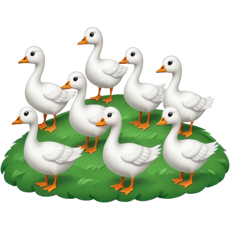 9 white geese standing on a green hill, front view, foggy emoji
