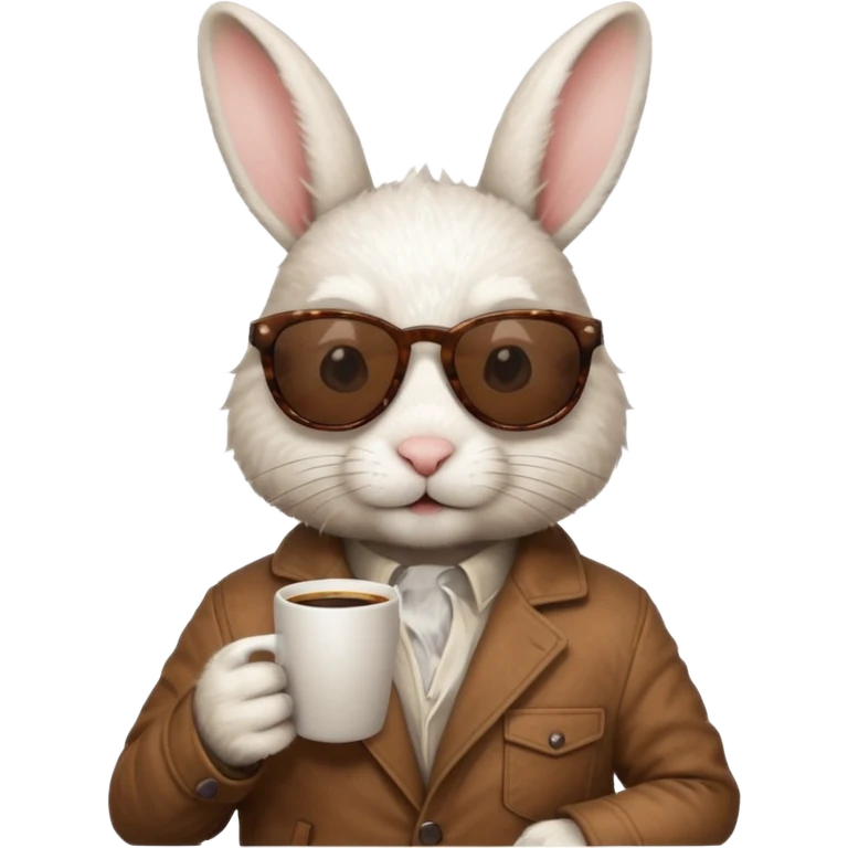 White rabbit, wearing brown jacket, sunglasses, holding coffee mug emoji