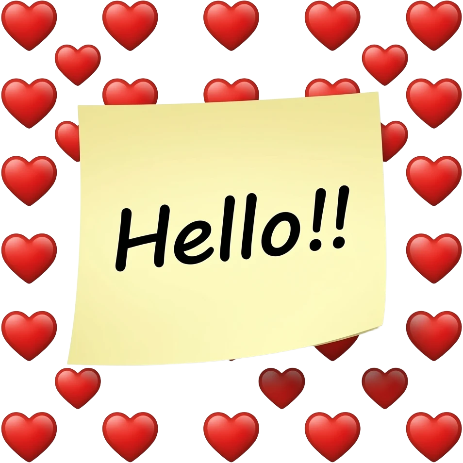 high quality, sticky note that says "Hello!!" with many, tiny red heart in transparent emoji