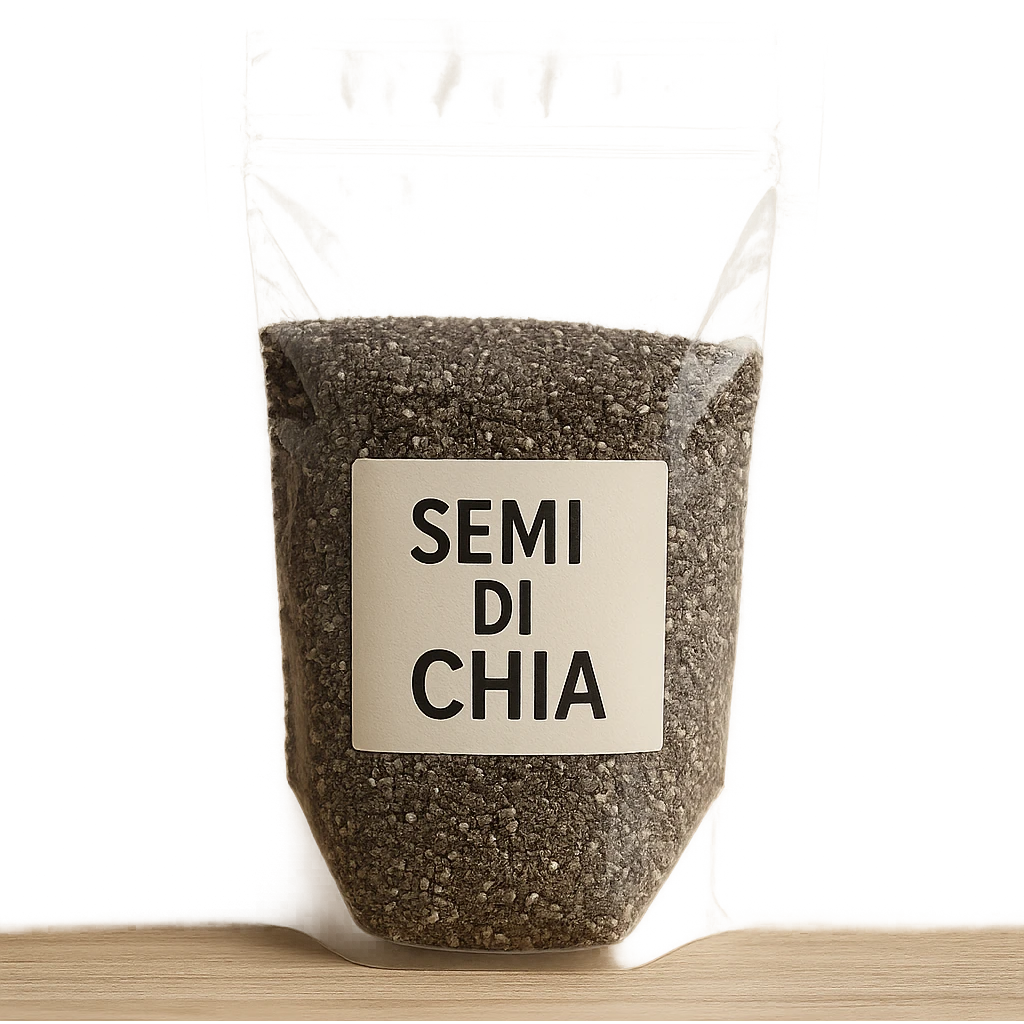 photo realistic transparent bag with chia seeds, visible label with the text 'semi di chia' in Italian emoji