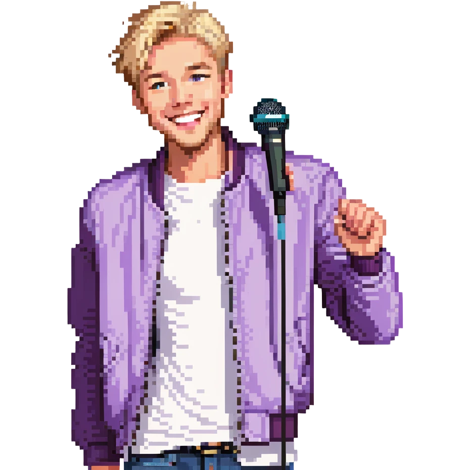 Pixel art style, expressive male performer, Caucasian features, short sandy blonde hair, lively eyes, wide cheerful smile, wearing a violet jacket over white tee, tossing a microphone in one hand, waist-up, front-facing emoji