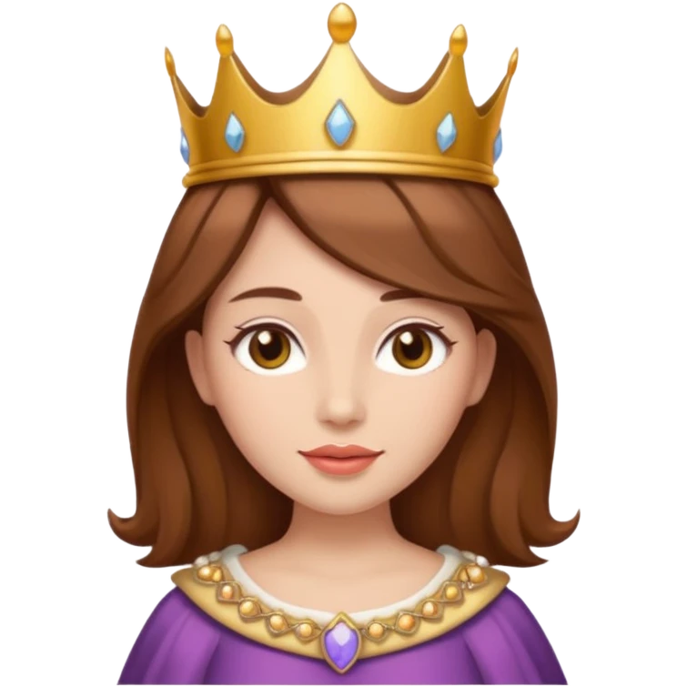 vull un perosnatge estil bimoji que sigui una figura radiante y serena. Se la describe como hermosa y deseable. Cabello castaño y labios carnosos y de un color meocoton, ojos color miel y una vestimenta digna de la realeza, sin olvidar su corona emoji