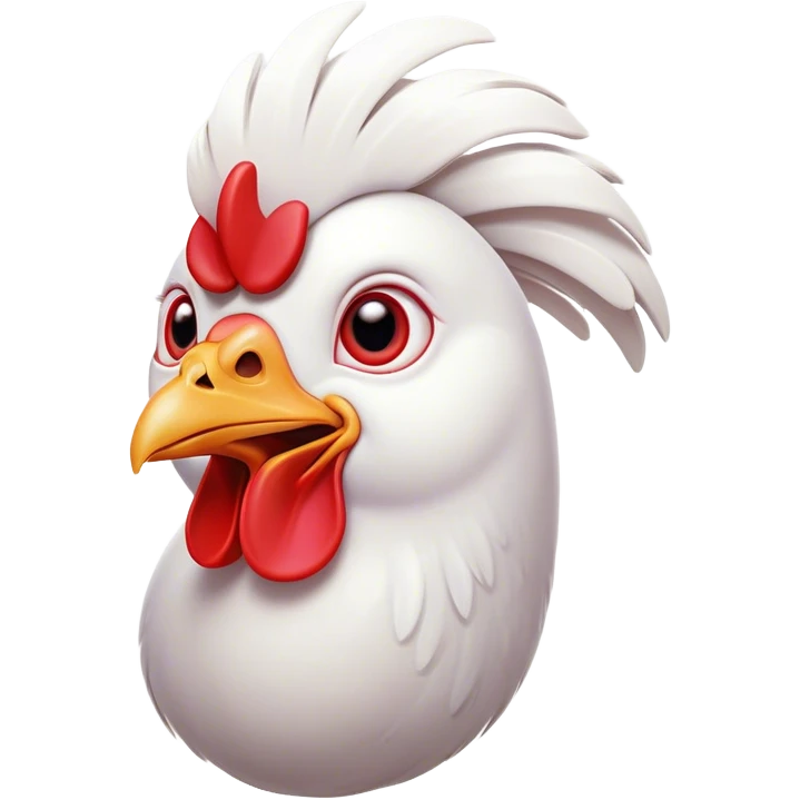 Cinematic Comical White Chicken Portrait Emoji, Head tilted dramatically with an exaggeratedly shocked or amused expression, featuring a sleek, immaculate white plumage with a prominent red comb, wide, expressive beady eyes filled with playful disbelief, Simplified yet hilariously expressive features, highly detailed, glowing with a slightly sassy glow, high shine, dramatic yet playful, stylized with an air of cheeky mischief, bright and endearing, soft glowing outline, capturing the essence of a spirited and over-the-top chicken, so meme-worthy it feels like it could cluck its way into internet fame instantly! emoji