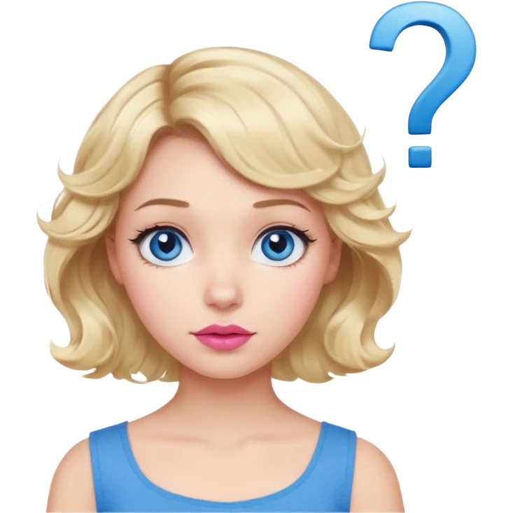 Girl Blonde short wavy hair,  blue eyes, cute blue top, long lashes, pink lips, question mark emoji