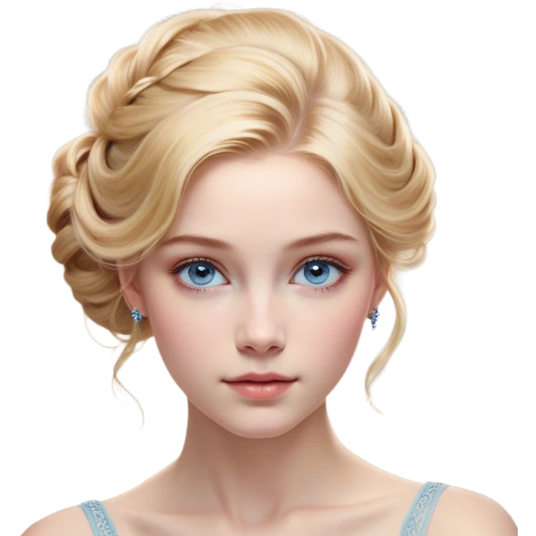 Cinematic Realistic Cinderella Portrait, depicted with lifelike skin texture, subtle rosy undertones, and soft natural lighting that enhances the gentle contours of her face. Her intricately detailed golden blonde hair is elegantly styled in an updo, with delicate wisps framing her face. Her deep, expressive blue eyes radiate warmth and sincerity, reflecting a quiet resilience and grace. She holds a glass slipper gently in one hand, her other hand resting gracefully at her side, emphasizing the timeless beauty of the moment. She is dressed in her iconic ball gown, the fabric shimmering with intricate embroidery and fine translucent layers that catch the light beautifully. The soft sheen of satin gloves adds a magical touch to her graceful pose. The portrait features an enchanting glow with a natural, luminous finish, seamlessly blending realism and fairytale charm to evoke a sense of depth, elegance, and timeless beauty. emoji