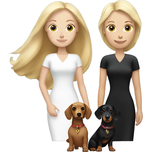 Blonde white woman and Brunette white woman holding black and tan dachshund emoji