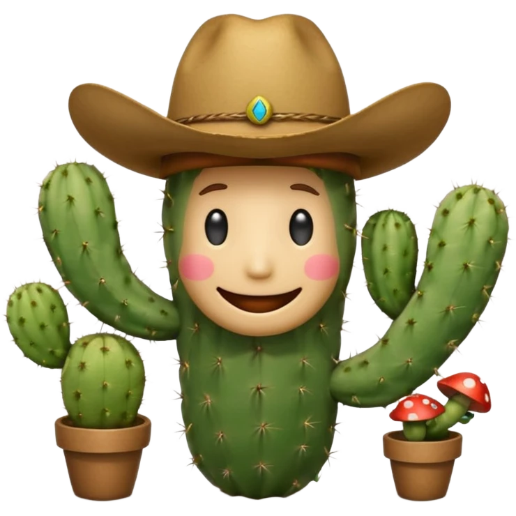 Make a cactus that has this smily face “😁” and a cowboy hat and holding shrooms emoji