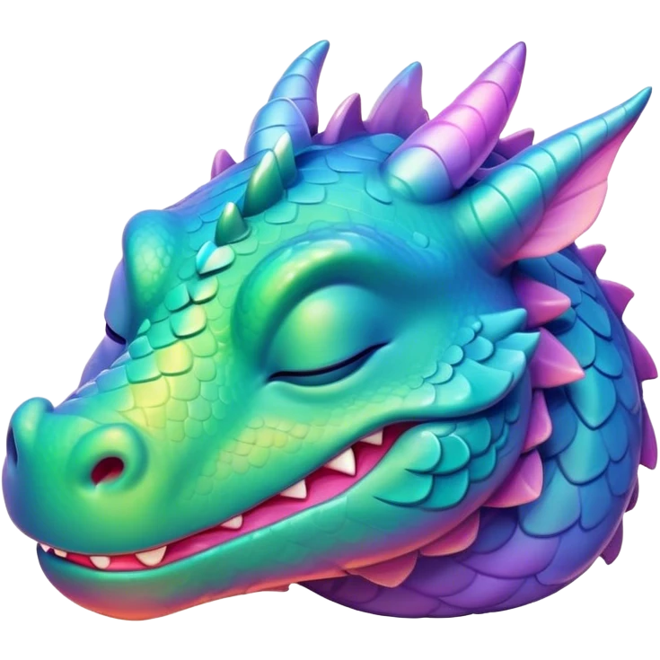 Meme-Worthy Cute Sleeping Dragon Portrait Emoji, Head resting peacefully with a contented smile, showcasing a sinuous, graceful build and a luxuriously soft, iridescent scaled body, eyes gently closed in serene, magical slumber, Simplified yet hilariously adorable features, highly detailed, glowing with a soft, drowsy mystical light, high shine, relaxed and utterly lovable, stylized with an air of playful fantasy, soft glowing outline, capturing the essence of a sleeping dragon that feels destined to become the next viral sensation of enchanted rest! emoji