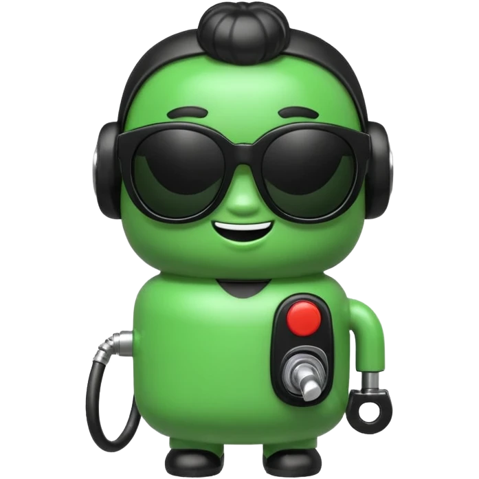 A cute 3D icon of a green gas pump character wearing oversized black sunglasses. Round and chubby proportions, glossy toy-like texture, soft pastel lighting, friendly expression, smooth edges, high-quality render, isolated on a transparent background. emoji