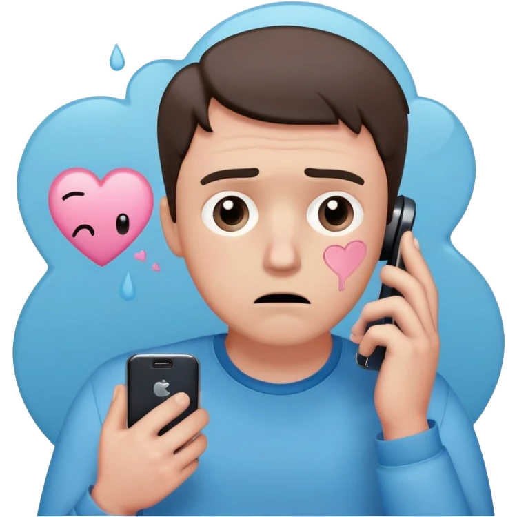anxious man with wide worried eyes and slightly frowning mouth overthinking with sweat drops, a cracked heart symbol nearby, holding a phone in hand, body posture tense and reaching forward showing fear of abandonment, minimal soft rounded design with gentle blue and pink colors emoji
