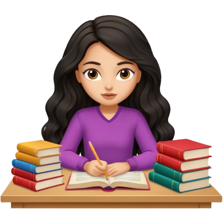 a pretty tan bratz girl with black wavy long hair studying. Pile of books on the table. No glasses emoji