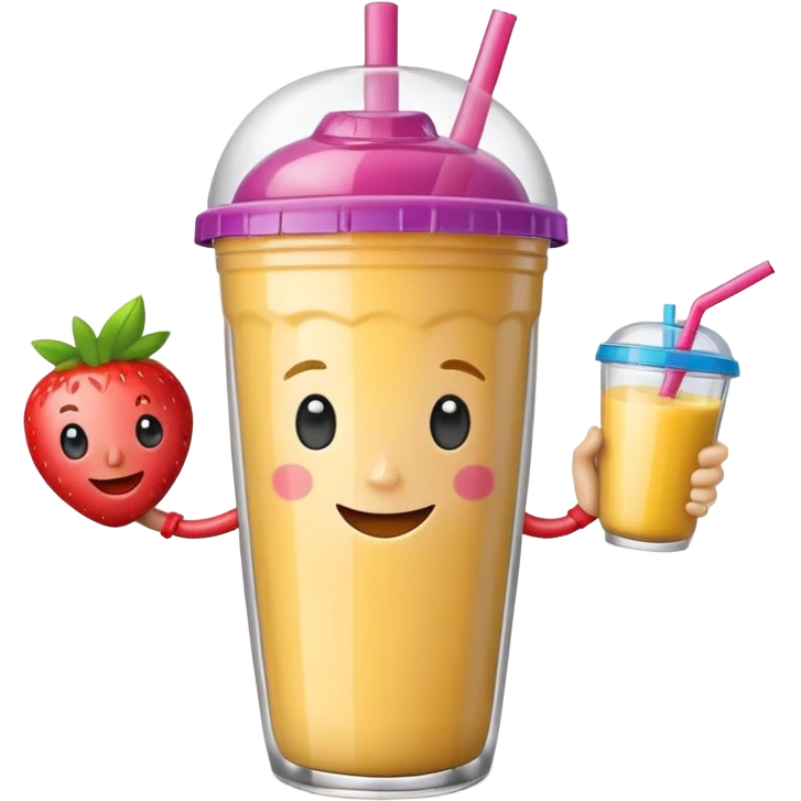 un vector de vaso de batido animado, de caricatura, con tapa y pitillo, que tenga brazos y piernas, cara tierna y que inspire confianza y amabilidad emoji