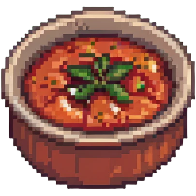 pixel art bowl of red tomato chutney with garlic emoji