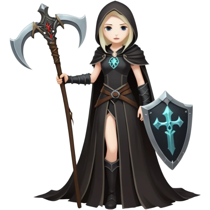 Necromancer girl with scythe and shield, standing over a fallen mage emoji