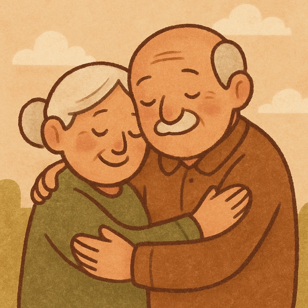 old couple hugging, no glasses, warm and affectionate, simple background emoji