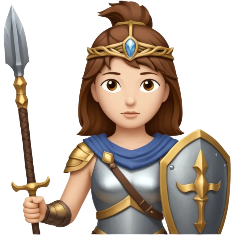brown haired Athena the Greek goddess of disciplined, strategic warfare, calm, commanding figure leading with intelligence not force. wears light armour carries a spear, symbolising protection precise judgement. strategy, not aggression, embodying clarity, foresight and decisive action. emoji