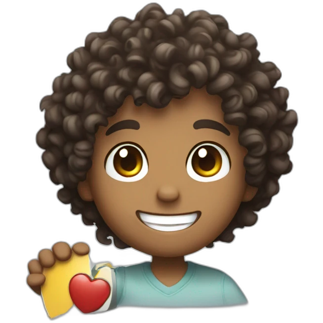 curly hair cute boy holding a vinyl in his hand, smiling, cute emoji