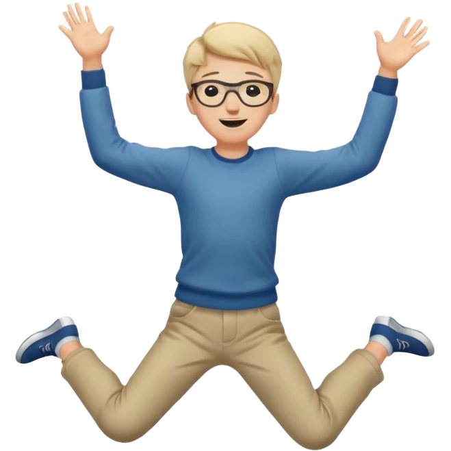 Very excited boy, jumping for joy, full body, eyes closed, wearing glasses emoji