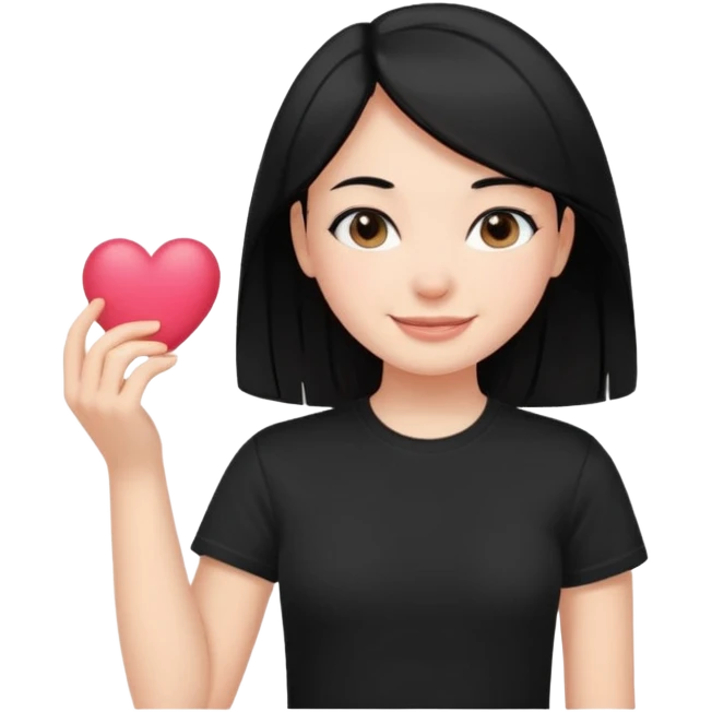 a pretty bratz fair girl with straight black hair, wearing a black tshirt, smiling emoji