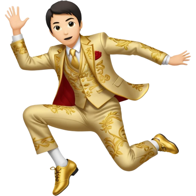 japanese yoshiro nakamatsu in crazy gold emroidered suit jumping in jumping shoes emoji