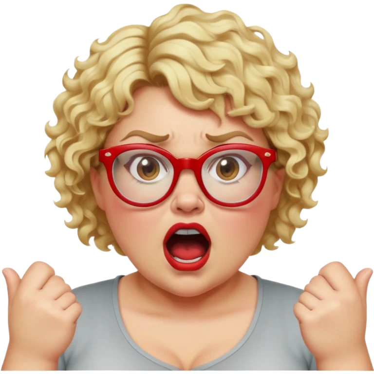 blonde woman with short curly hair, slightly overweight, wearing red-framed glasses, shouting with hands on sides of mouth, angry and proud expression emoji