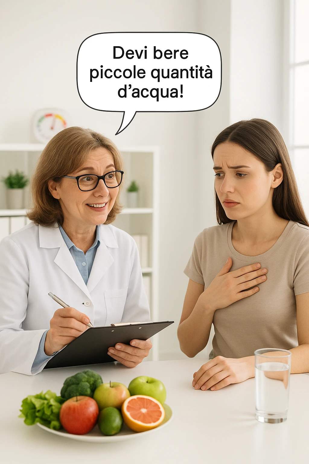 Nutrizionista dice ad una donna "devi bere piccole quantità d'acqua!" in italiano emoji