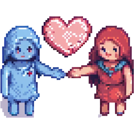 two pixelated characters holding hands with hearts, playful and cute, no explicit content emoji