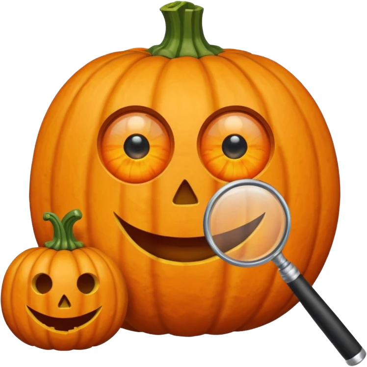 A pumpkin smiling at a magnifying glass (the magnifying glass has limbs and a suit thats black, the magnifying glass also has a eye, looks like a cyclops eye, one eye in the middle) emoji