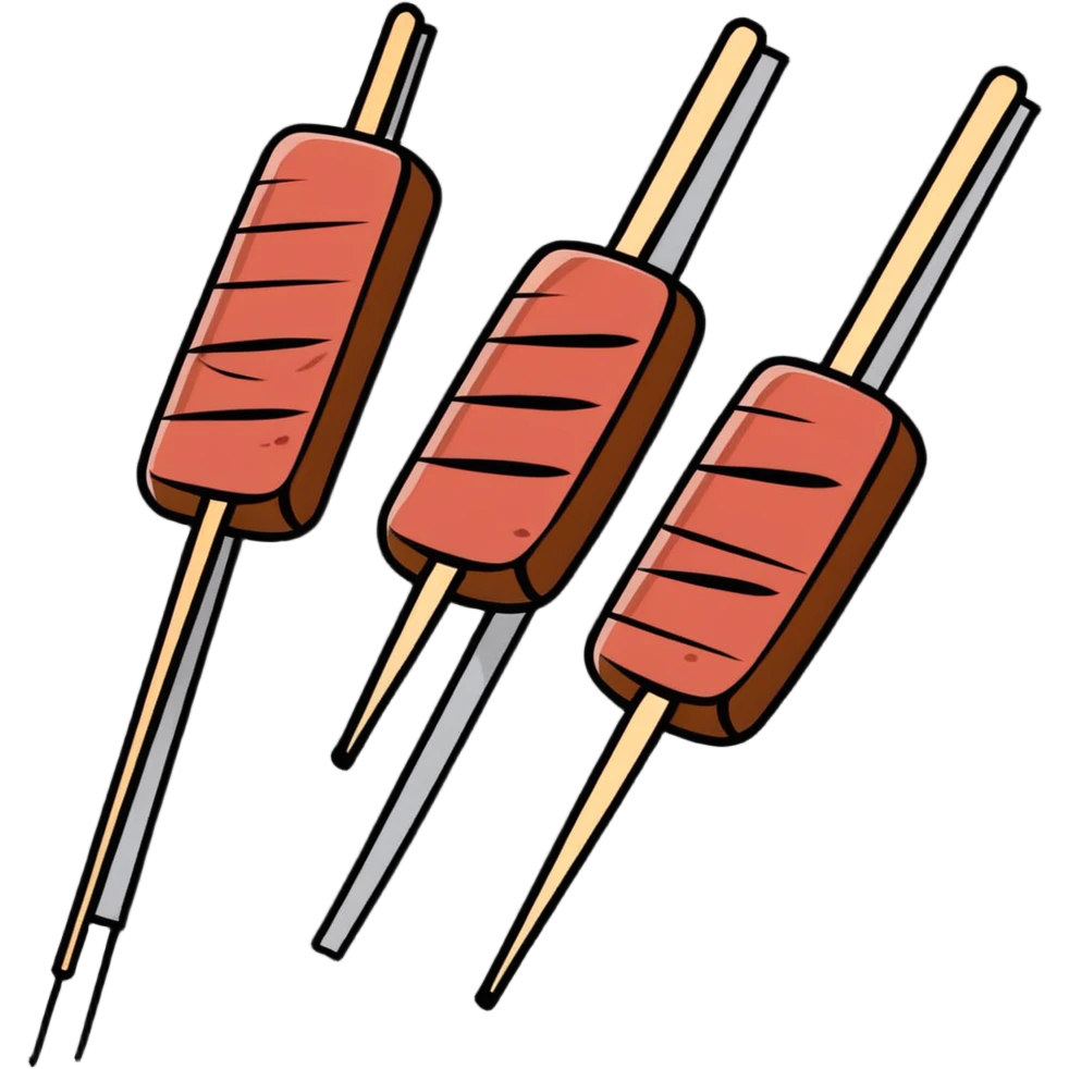 Skewers of grilled marinated beef for Vietnamese Bún Thịt Nướng, showing the meat being grilled on wooden skewers emoji
