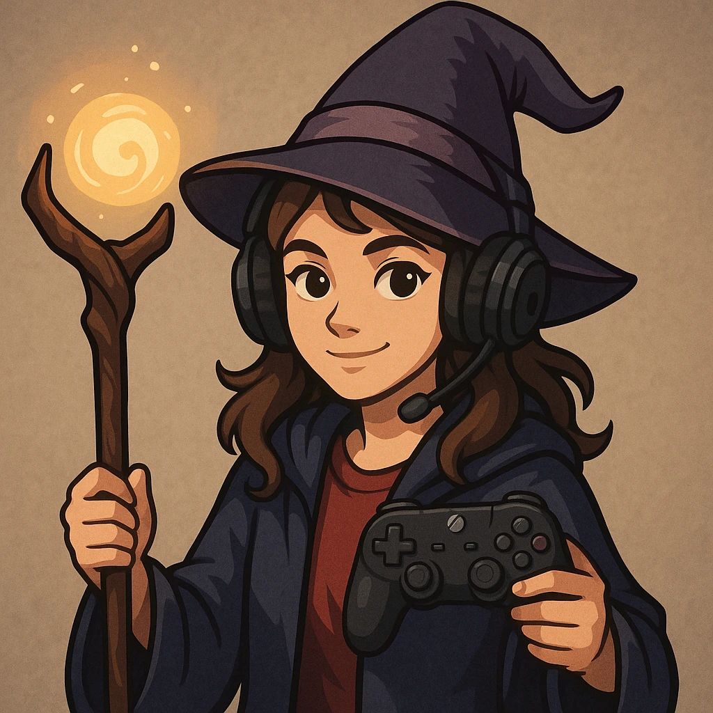 a girl wizard who is also a gamer, holding a magic staff and a game controller, wearing a wizard hat and headphones emoji