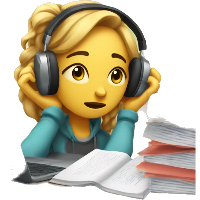 Tired exhausted student with over ear headphones and a laptop infront of her and a bunch of papers shes on the verge of crying  emoji