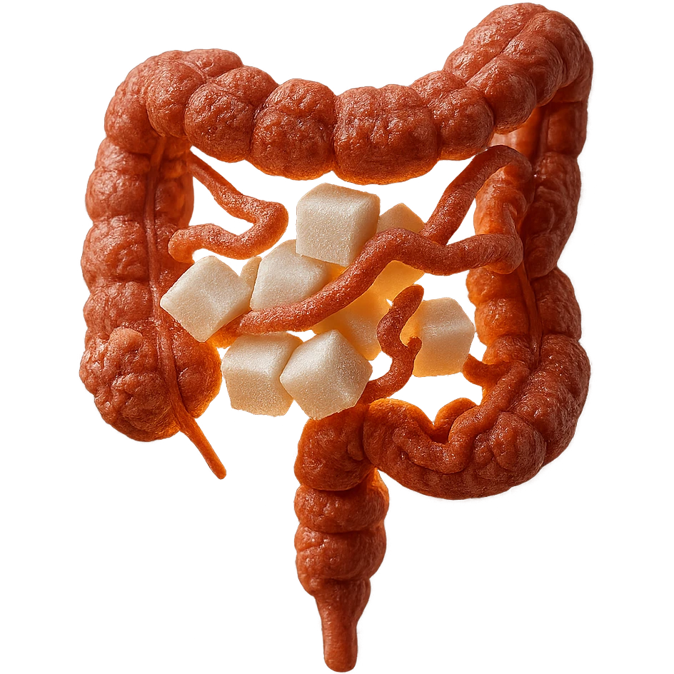 Make the sugars much more evident and recognizable in hyperrealism style, keep the inflamed intestinal microbiota, 4K resolution, transparent background. emoji