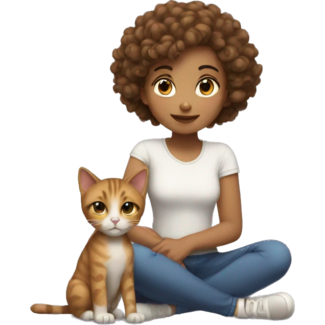 Girl with curly and short hair sit with cat emoji