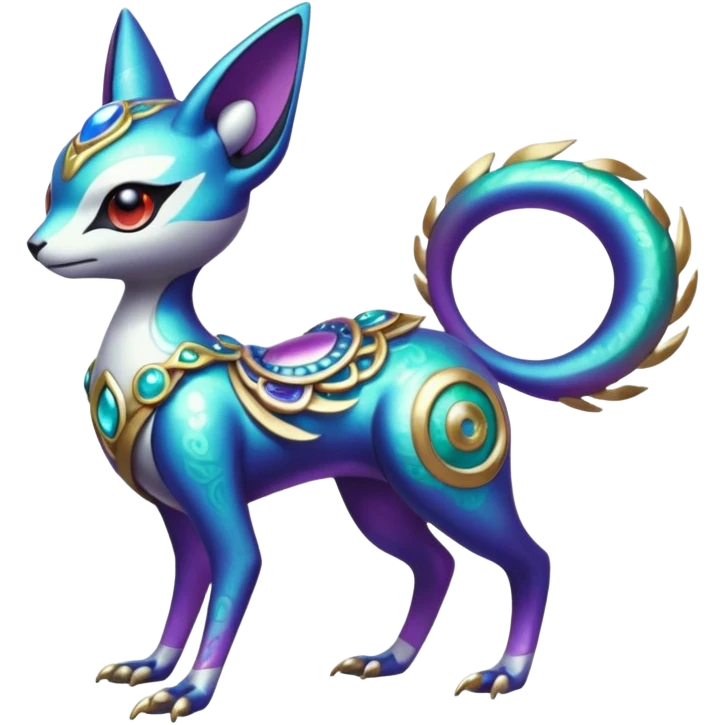 Shiny Colorful Futuristic Ornate Oriental Painted Asian Vernid-Trico-Meloetta-Latias-Koraidon-Peppercat-Protogen-Pokémon-Digimon-Fakémon-fusion-hybrid-creature emoji