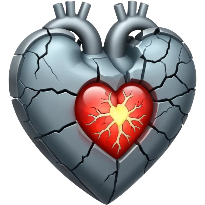 An old and barren grey heart with a glowing transparent heart inside it emoji