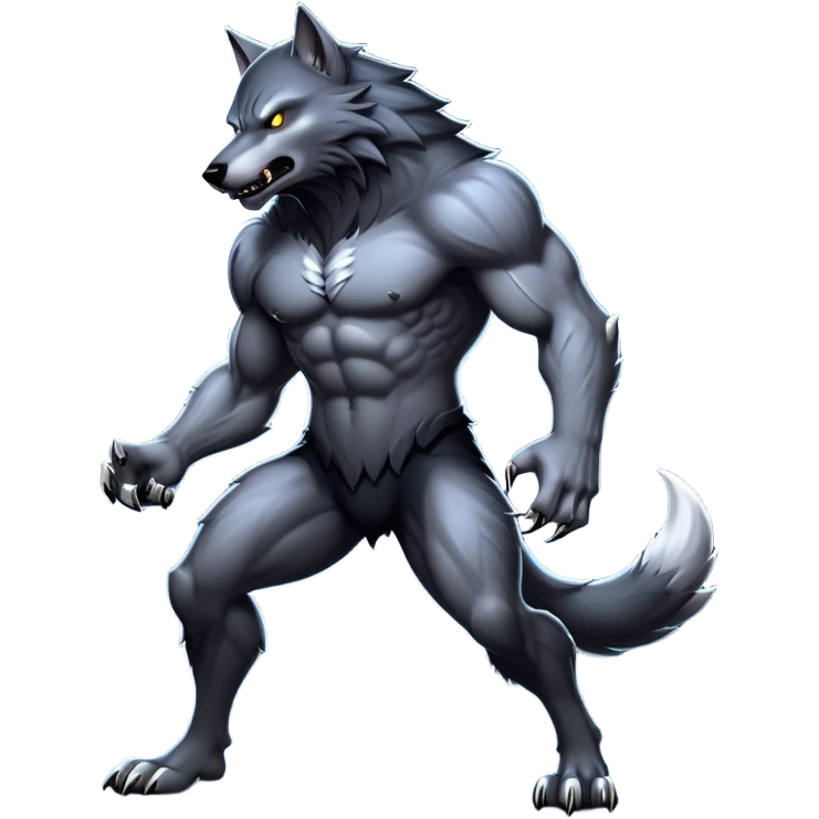 cinematic-noble-fierce-werewolf-full body-emoji, poised-and-imposing, with a tall, slender, muscular frame, fur rippling in shades of midnight black and silver, eyes glowing with an intense, primal ferocity, reflecting the untamed power of the wild moonlit night; rendered with realism emoji