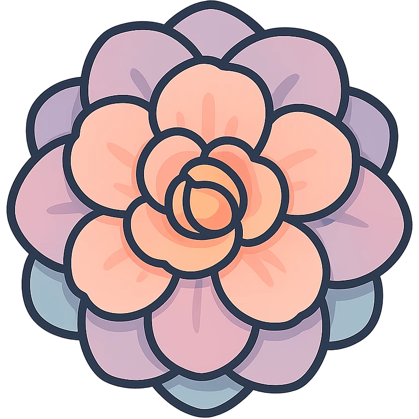 volumetric peach flower with multiple layers of petals, strictly front view, icon-color-outlined style, detailed shadows and highlights, smooth color transitions, thin clean contours, soft rounded shapes, pastel palette #98B5BC, #B5B3C1, #C9A3C9, #E4C0CA, #F7DCD1, #F7C0AA, modern Japanese pop art and sticker aesthetics, soft lighting, transparent background emoji