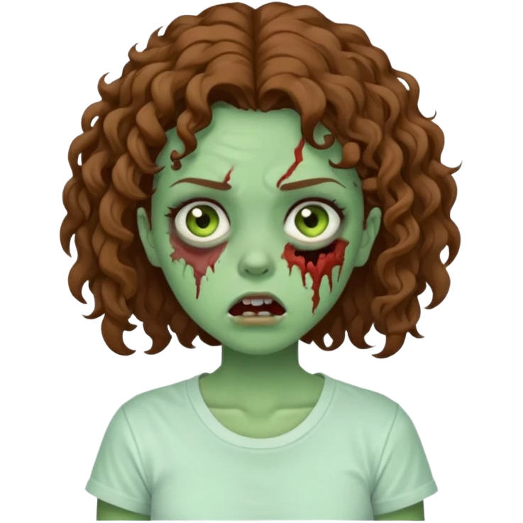 Zombie girl with curly brown hair como emoji de iphone y con la boca un poco lastimada haz que tenga una simple remera blanca puesta pero que sea zombie verde emoji
