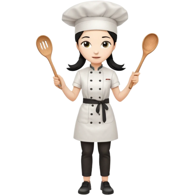 
A beautiful girl wears a white chef's uniform. Her long, straight black hair is styled in a ponytail. She wears a white chef's hat and holds a wooden cooking spoon. She is standing and wearing black shoes. The illustration style is 2D realistic.. emoji