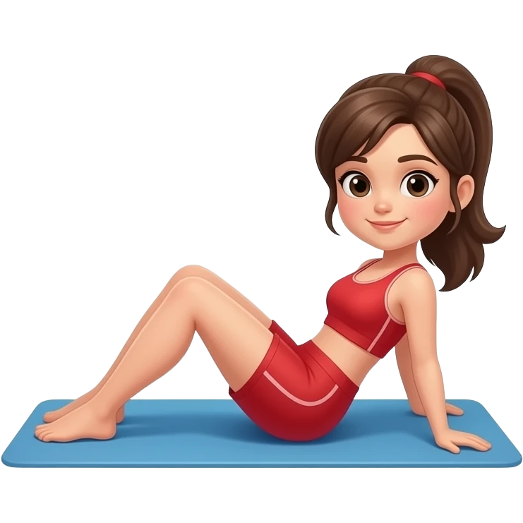 Girl brunette pale skin doing abs with a red workout clouthing with whatasapp style emoji
