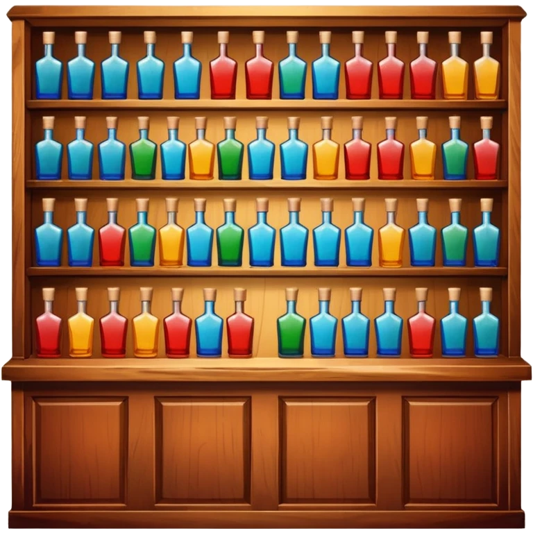 A wooden bar counter with rows of colorful liquor bottles lined up behind.
 emoji